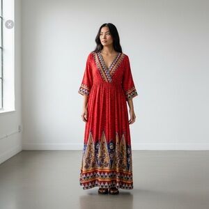 NWOT Vibrant Red and Blue Cotton Maxi Dress   size Small